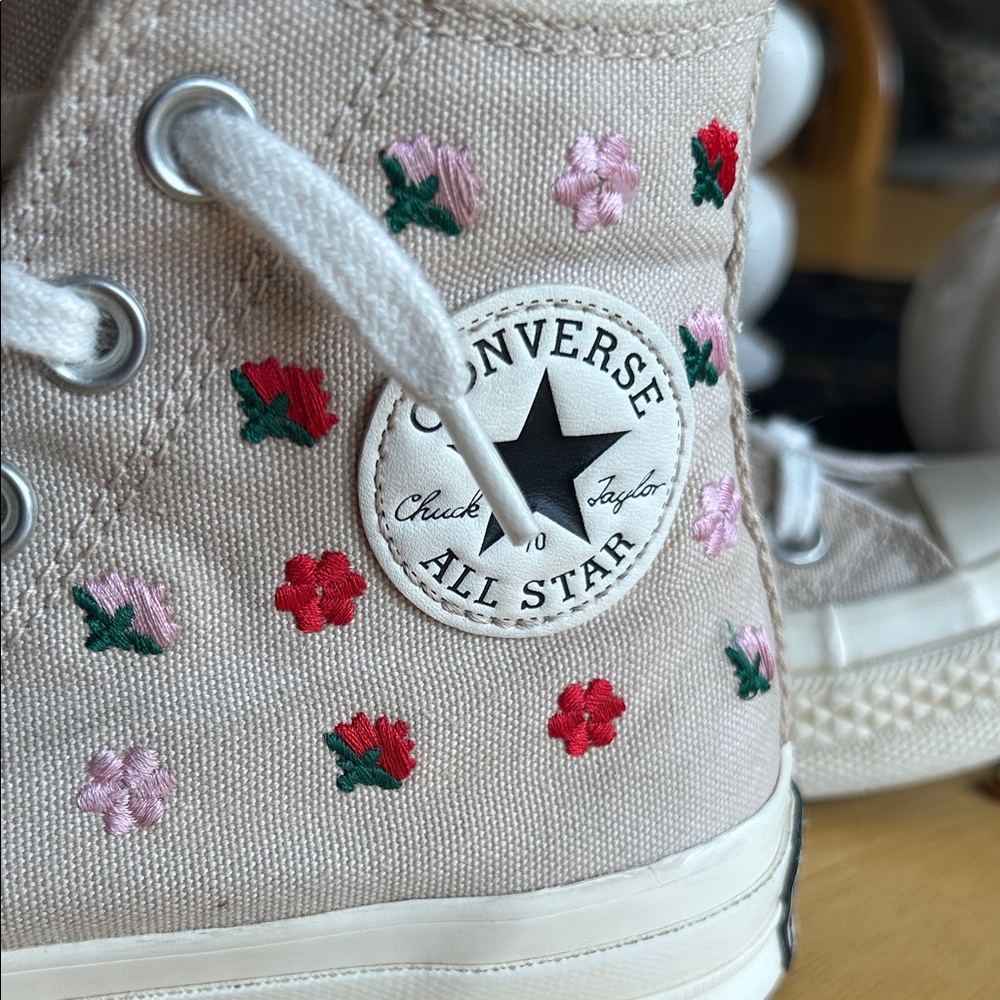 Converse Beige High-Tops with Floral Embroidered Stitch Design